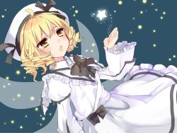 Rule 34 | 1girl, ahoge, black bow, black bowtie, blonde hair, blush, bow, bowtie, drill hair, fairy wings, frills, hat, juliet sleeves, karasusou nano, long sleeves, luna child, open mouth, puffy sleeves, short hair, solo, star (symbol), touhou, wings, yellow eyes
