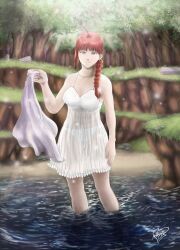 Rule 34 | 1girl, absurdres, artist request, blue eyes, braid, earrings, forest, gintama, hakuyou (gintama), hakuyou forest, highres, holding, jewelry, kouka (gintama), lake, lingerie, mature female, nature, otter peppis, red-haired girl, red hair, ruins, solo, tree, underwear, wading, water, white cloths