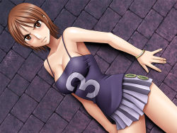 Rule 34 | 1girl, against wall, blouse, breasts, brown eyes, brown hair, cleavage, crimson comics, game cg, looking at viewer, miniskirt, nami (one piece), one piece, pleated skirt, purple shirt, shirt, short hair, skirt, sleeveless, sleeveless shirt, solo, taut clothes, taut shirt