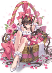 Rule 34 | 1girl, ahoge, ankle scrunchie, arm ribbon, armpits, arms up, bow, brown hair, closed mouth, crossed ankles, crown, dress, earrings, feet, flower, flower basket, frilled dress, frills, glass slipper, green eyes, hagiwara rin, highres, jewelry, large bow, leaf, long hair, looking at viewer, mini crown, necklace, original, pearl earrings, pearl necklace, petals, pink bow, pink flower, pink ribbon, ribbon, scrunchie, see-through, shadow, sitting, solo, twitter username, very long hair, white dress, white scrunchie