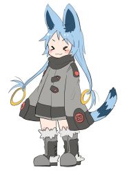 Rule 34 | &gt; &lt;, 1girl, :3, animal ears, blue hair, blush stickers, boots, character request, female focus, highres, konachiu, simple background, sleeves past wrists, solo, tail, white background