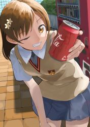 Rule 34 | 1girl, absurdres, arrow (symbol), bob cut, brown eyes, brown hair, brown sweater vest, building, can, coca-cola, commentary, condensation, cowboy shot, dress shirt, drink, drink can, flower, foliage, foreshortening, giving, grey skirt, grin, hair flower, hair ornament, hairclip, hand on own leg, highres, holding, holding can, holding drink, karui!! nee, leaning forward, looking at viewer, medium hair, misaka mikoto, one eye closed, outdoors, park, parted lips, pavement, pink nails, pleated skirt, recycling symbol, school uniform, shadow, shirt, short sleeves, skirt, smile, soda, soda can, solo, stone floor, stone wall, sweater vest, swept bangs, toaru kagaku no railgun, toaru majutsu no index, tokiwadai school uniform, vending machine, wall, water drop, white shirt, yellow flower