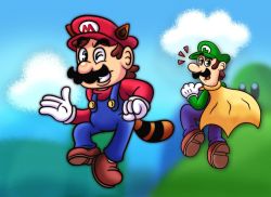 Rule 34 | 2boys, animal ears, blue eyes, brothers, cape, day, facial hair, flying, full body, gloves, hat, highres, hill, looking at viewer, luigi, mario, mario (series), multiple boys, mustache, nintendo, one eye closed, open mouth, overalls, pointing, raccoon ears, raccoon mario, raccoon tail, siblings, super mario bros. 3, super mario world, tail, waves, wink, yellow cape