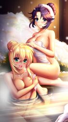 Rule 34 | 2girls, :d, ahoge, barefoot, blonde hair, blue eyes, blush, breasts, cleavage, closed mouth, collarbone, completely nude, covering privates, covering breasts, covering crotch, covering one breast, dark-skinned female, dark skin, doukyuusei 2, doukyuusei another world, game cg, green eyes, hair between eyes, kakyuusei, large breasts, multiple girls, narusawa misako, navel, nude, nude cover, official art, onsen, open mouth, outdoors, purple hair, short hair with long locks, sidelocks, smile, snowing, tina (kakyuusei), towel, white towel