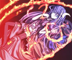 Rule 34 | 1girl, adapted costume, black thighhighs, blue eyes, crescent, crescent hair ornament, dress, expressionless, female focus, fire, fire, hair ornament, long hair, long sleeves, looking at viewer, patchouli knowledge, purple dress, purple hair, solo, thighhighs, touhou, very long hair, zettai ryouiki