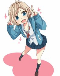 Rule 34 | 1girl, black socks, blue eyes, blue jacket, blue skirt, blush, breasts, brown footwear, cleavage, double v, drawstring, ear piercing, earrings, fang, fingernails, full body, jacket, jessica (roku kyuu), jewelry, kneehighs, leaning forward, leaning to the side, light brown hair, loafers, long sleeves, looking at viewer, nail polish, neck ribbon, open mouth, original, piercing, pink nails, pleated skirt, red ribbon, ribbon, roku kyuu, shirt, shoes, simple background, skirt, sleeves past wrists, small breasts, socks, solo, sparkle, v, white background, white shirt