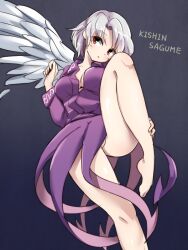 Rule 34 | 1girl, bare legs, barefoot, black background, breasts, character name, cleavage, closed mouth, cropped legs, dress, feet, grey hair, itatatata, kishin sagume, knee up, knees, legs, looking at viewer, medium breasts, no panties, partially visible vulva, purple dress, red eyes, short hair, simple background, single wing, solo, thighs, touhou, white wings, wings