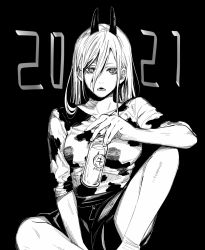 Rule 34 | + +, 1girl, 2021, alternate costume, animal print, between legs, black background, bottle, breasts, chainsaw man, commentary, cow print, cross-shaped pupils, dated, demon horns, drink, expressionless, eyelashes, fangs, greyscale, hair between eyes, hand between legs, highres, holding, holding bottle, holding drink, horns, knee up, long hair, looking at viewer, matsumotoasumu, medium breasts, milk bottle, monochrome, open mouth, power (chainsaw man), shirt, shirt tucked in, short shorts, shorts, simple background, sitting, solo, straight hair, symbol-shaped pupils, t-shirt
