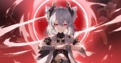 Rule 34 | 1girl, absurdres, black headwear, breasts, chinese commentary, closed mouth, commentary request, drill hair, earrings, grey hair, hair between eyes, hands up, highres, honkai (series), honkai impact 3rd, jewelry, joints, looking at viewer, medium hair, ooo wange, open hands, prometheus (honkai impact), red background, red eyes, small breasts, solo, straight-on, upper body, v-shaped eyebrows