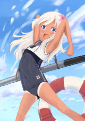 Rule 34 | 10s, 1girl, absurdres, armpits, blush, child, cloud, day, eyebrows, female focus, flower, hair ornament, highres, kantai collection, long hair, looking at viewer, m-thet, one-piece swimsuit, open mouth, outdoors, ro-500 (kancolle), sky, solo, spread legs, swimsuit, tan, tanline