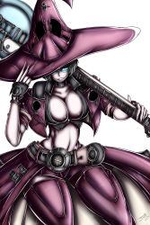 Rule 34 | 1girl, absurdres, black gloves, black hair, blue eyes, breasts, cleavage, cowboy shot, electric guitar, fingerless gloves, gloves, grin, guilty gear, guilty gear xrd, guitar, hat, highres, i-no, instrument, large breasts, lips, midriff, mole, mole under mouth, red thighhighs, short hair, shorts, simple background, smile, solo, sunglasses, thighhighs, vest, vulko, white background, witch hat
