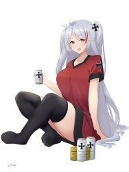 Rule 34 | 1girl, azur lane, beer can, blush, breasts, can, casual, cross, drink can, full body, highres, holding, holding can, iron cross, large breasts, long hair, looking at viewer, motirimoti, no pants, prinz eugen (azur lane), simple background, skindentation, solo, thighhighs, twintails, very long hair, white background
