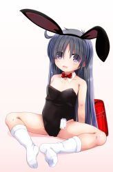 Rule 34 | 1girl, absurdres, ahoge, animal ears, arms behind back, backpack, bag, bare shoulders, black hair, black leotard, bow, bowtie, rabbit ears, commentary request, damubomu, detached collar, eyes visible through hair, fake animal ears, flat chest, hair over eyes, hairband, highres, knees apart feet together, legs, leotard, long hair, name tag, open mouth, original, pink eyes, playboy bunny, randoseru, simple background, sitting, smile, socks, solo, spread legs, strapless, strapless leotard, thighs, white background, white footwear