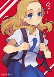 Rule 34 | 1girl, absurdres, artist name, backpack, bag, bellavoirr, blonde hair, blue eyes, blue necktie, blue skirt, blush, breast pocket, buttons, closed mouth, collared shirt, cowboy shot, earrings, female focus, flat chest, forehead, hands up, happy, highres, holding strap, jewelry, long hair, looking at viewer, necktie, notice lines, original, pleated skirt, pocket, red background, school uniform, shirt, sidelocks, signature, simple background, skirt, smile, solo, standing, striped, striped background, stud earrings, white shirt