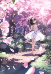 Rule 34 | 1girl, :d, absurdres, black hair, blurry, blurry background, blurry foreground, bokeh, breasts, cherry blossoms, day, depth of field, dress, full body, head tilt, high heels, highres, kantoku, looking back, medium hair, non-web source, one side up, open mouth, original, outdoors, petals, plaid, purple eyes, scan, scarf, see-through silhouette, shizuku (kantoku), small breasts, smile, solo, standing, standing on one leg, sunlight, white dress