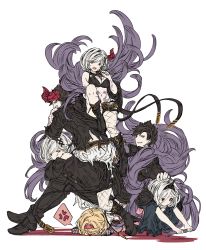 Rule 34 | 2boys, 4girls, alter ego conjurer (granblue fantasy), alter ego malevolent (granblue fantasy), anger vein, arm tattoo, belial (granblue fantasy), black bra, black footwear, black hair, black jacket, black shorts, blonde hair, boots, bra, breasts, commentary request, djeeta (granblue fantasy), feather boa, fighter (granblue fantasy), forbidden alter ego (granblue fantasy), granblue fantasy, grey hair, hair ornament, hairband, horns, jacket, looking at viewer, medium breasts, mocchi (user 53239645), multiple boys, multiple girls, multiple persona, navel, open mouth, popped collar, red eyes, short hair, shorts, sideways mouth, simple background, single horn, sitting, sitting on person, spoken anger vein, stomach tattoo, tattoo, underwear, white background, x hair ornament