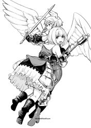 Rule 34 | 2girls, angel, armor, armored dress, boots, braid, braided sidelock, detached sleeves, feathered wings, full body, gauntlets, gloves, greyscale, hand up, head wings, holding, holding staff, holding sword, holding weapon, hug, looking at viewer, monochrome, multiple girls, ochlys (unicorn overlord), open mouth, profile, sharon (unicorn overlord), short hair, simple background, smile, staff, standing, sword, takeshisu, twin braids, twitter username, unicorn overlord, v-shaped eyebrows, weapon, wings