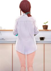 Rule 34 | 1girl, anti (0324), back, brown hair, cup, highres, idolmaster, idolmaster cinderella girls, indoors, kitchen, kneepits, long hair, mifune miyu, naked shirt, plant, ponytail, potted plant, shirt, solo, standing