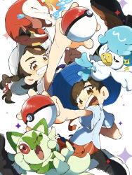 Rule 34 | 1boy, 1girl, 3others, animal ears, beak, blue eyes, blue hair, braid, braided ponytail, brown eyes, brown hair, buck teeth, cat ears, cat tail, closed eyes, creatures (company), eyebrows hidden by hair, eyelashes, fangs, florian (pokemon), fuecoco, game freak, hat, highres, holding, juliana (pokemon), kayama yosi (yosiyosi), looking at viewer, multiple others, necktie, nintendo, one eye closed, open mouth, pants, paw pose, poke ball, pokemon, pokemon (creature), quaxly, red eyes, school uniform, shirt, shoes, sleeping, smile, sparkle, sprigatito, tail, teeth, white background, wink, zzz