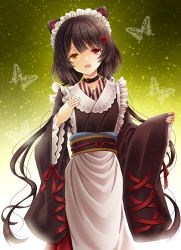 Rule 34 | 1girl, amou yuu, animal ears, apron, brown hair, brown kimono, bug, butterfly, cat ears, collar, commentary request, fangs, flower, gradient background, hair between eyes, hair flower, hair ornament, happy new year, heterochromia, highres, insect, inui toko, japanese clothes, kimono, light particles, long hair, long sleeves, looking at viewer, maid, maid apron, maid headdress, new year, nijisanji, obi, open mouth, orange eyes, red eyes, sash, short hair, solo, standing, twintails, very long hair, virtual youtuber, wa maid, wide sleeves