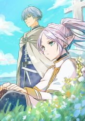 Rule 34 | 1boy, 1girl, black thighhighs, blue eyes, blue hair, blue tunic, capelet, commentary request, drop earrings, earrings, frieren, green eyes, grey cloak, grey hair, himmel (sousou no frieren), jewelry, long hair, long sleeves, outdoors, parted bangs, pointy ears, short hair, sousou no frieren, thighhighs, twintails, user sezh5558, white capelet