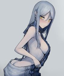 Rule 34 | 10s, 1girl, abyssal ship, ass, backless outfit, bare arms, blush, breasts, butt crack, collar, commentary request, duplicate, from side, hair between eyes, highres, kantai collection, large breasts, long hair, looking at viewer, meme attire, no bra, no panties, shiny skin, sideboob, sidelocks, sleeveless, solo, sweatdrop, sweater, ta-class battleship, virgin killer sweater, walzrj, white background, white hair, yellow eyes