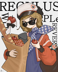 Rule 34 | 1girl, :t, apple, apple (reverse:1999), backpack, bag, baguette, bitten apple, black bag, black bow, black bowtie, blue dress, blue neckerchief, bow, bowtie, bread, brown bag, brown hair, cabbie hat, character name, copyright name, dress, eating, evachohoki, food, food bite, fruit, grocery bag, hat, holding, holding bag, holding food, holding fruit, jacket, long sleeves, looking at viewer, looking over eyewear, neckerchief, open clothes, open jacket, orange eyes, paper bag, polka dot neckerchief, puffy long sleeves, puffy sleeves, red jacket, regulus (reverse:1999), reverse:1999, shopping bag, short hair, solo, sunglasses, traditional bowtie, upper body, waffle, wavy mouth, white background