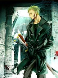 Rule 34 | 1boy, alternate costume, green hair, hand in pocket, jacket, male focus, one-eyed, one piece, roronoa zoro, solo, standing