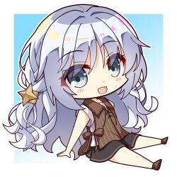 Rule 34 | 1girl, :d, arm support, black skirt, blush stickers, chibi, commentary, eyelashes, eyes visible through hair, grey eyes, grey hair, hair between eyes, hair ornament, highres, leaning back, long hair, looking at viewer, miniskirt, open mouth, sesen2000, shirt, short sleeves, simple background, sitting, skirt, smile, solo, star (symbol), star hair ornament, stie, tenshi souzou re-boot!, very long hair, wavy hair, white background, white shirt