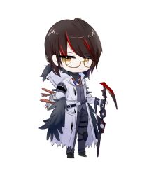 Rule 34 | 1boy, arknights, arm behind back, belt, bird wings, black belt, black footwear, black hair, black pants, cane, chibi, coat, full body, glasses, gnosis (arknights), grey vest, highres, knee pads, kongqiyu, looking at viewer, male focus, multicolored hair, open clothes, open coat, pants, red hair, shoes, short hair, simple background, solo, standing, streaked hair, vest, white background, white coat, wings, yellow eyes