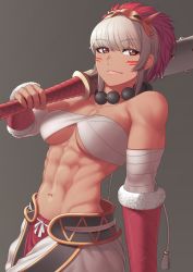 Rule 34 | 1girl, abs, bandaged arm, bandages, bare shoulders, bead necklace, beads, breasts, carrying over shoulder, chest sarashi, closed mouth, collarbone, commentary, dark-skinned female, dark skin, detached sleeves, facepaint, facial mark, fire emblem, fire emblem fates, groin, highres, holding, holding weapon, jewelry, looking back, mask, mask on head, medium breasts, midriff, multicolored hair, muscular, muscular female, navel, necklace, nintendo, pants, putcher, red eyes, red hair, rinkah (fire emblem), sarashi, short hair, sidelocks, simple background, solo, standing, underboob, upper body, weapon, white hair, white pants
