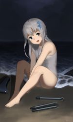 Rule 34 | 1girl, absurdres, barefoot, beach, black eyes, blue ribbon, full body, hair ribbon, highres, horizon, kantai collection, long hair, looking at viewer, night, ocean, one-piece swimsuit, open mouth, outdoors, ribbon, school swimsuit, shiiransu, silver hair, sitting, smile, solo, swimsuit, torpedo, u-511 (kancolle), water, waves, white school swimsuit, white one-piece swimsuit