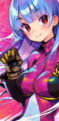 Rule 34 | 1girl, blue hair, blunt bangs, blush, bodysuit, breasts, closed mouth, commentary request, highres, kula diamond, long hair, looking at viewer, medium breasts, onono imoko, red eyes, smile, solo, the king of fighters, upper body, zipper
