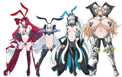 Rule 34 | 4girls, abs, animal ears, aqua eyes, armor, arms behind head, blonde hair, blue eyes, boots, breasts, detached sleeves, elbow gloves, barghest (fate), melusine (fate), baobhan sith (fate), fake animal ears, fate/grand order, fate (series), gloves, grey hair, hair ornament, hair ribbon, heart maebari, heart pasties, high heels, highres, huge breasts, huge filesize, ierouyellow, large breasts, leg armor, leotard, light green hair, long hair, maebari, meme attire, morgan le fay (fate), multicolored hair, multiple girls, muscular, muscular female, navel, pasties, playboy bunny, pointy ears, ponytail, pubic tattoo, red hair, revealing clothes, reverse bunnysuit, reverse outfit, ribbon, small breasts, tall, tattoo, thigh boots, thighhighs, thighs, turtleneck, two-tone hair, very long hair, white hair, yellow eyes