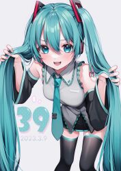 Rule 34 | 1girl, 39, absurdly long hair, aqua eyes, aqua hair, aqua necktie, bare shoulders, black skirt, black sleeves, black thighhighs, breasts, commentary, dated, detached sleeves, feet out of frame, hands up, hatsune miku, headset, highres, holding, holding own hair, leaning forward, long hair, looking at viewer, medium breasts, miku day, necktie, number tattoo, open mouth, pleated skirt, sasakichi (ssk chi), shirt, shoulder tattoo, simple background, skirt, sleeveless, sleeveless shirt, solo, standing, tattoo, teeth, thighhighs, twintails, upper teeth only, very long hair, vocaloid, zettai ryouiki