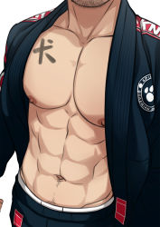 Rule 34 | 1boy, abs, bara, black jacket, bodypaint, close-up, facial hair, head out of frame, highres, jacket, koji (wildlhz), large pectorals, male focus, muscular, muscular male, navel, navel hair, nipples, open clothes, open jacket, original, pants, pectoral focus, pectorals, short hair, solo, stomach, stubble, track jacket, track pants, upper body
