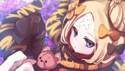 Rule 34 | 1girl, abigail williams (fate), abigail williams (traveling outfit) (fate), bad id, bad twitter id, black bow, black jacket, blonde hair, blue eyes, blurry, blurry background, blush, bow, closed mouth, collarbone, crossed bandaids, depth of field, fate/grand order, fate (series), hair bow, hair bun, hand up, heroic spirit traveling outfit, jacket, knees up, long hair, long sleeves, official alternate costume, orange bow, parted bangs, polka dot, polka dot bow, single hair bun, sitting, sleeves past fingers, sleeves past wrists, solo, stuffed animal, stuffed toy, teddy bear, tentacles, wada kazu