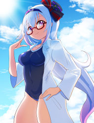 Rule 34 | .live, 1girl, absurdres, adjusting eyewear, alternate costume, bespectacled, breasts, carro pino, collarbone, commentary request, glasses, hat, headband, highres, lab coat, lens flare, long hair, looking at viewer, medium breasts, purple eyes, purple hair, rikuton, school swimsuit, sky, solo, swimsuit, virtual youtuber