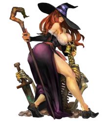 Rule 34 | 1girl, absurdres, ass, between buttocks, breasts, cleavage, curvy, dragon&#039;s crown, dress, hat, highres, huge ass, huge breasts, kamitani george, large breasts, legs, long hair, long legs, looking at viewer, official art, red hair, side slit, simple background, skeleton, solo, sorceress (dragon&#039;s crown), staff, strapless, strapless dress, sword, thick thighs, thighs, vanillaware, weapon, white background, witch hat