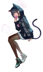 Rule 34 | 1girl, 2r- (pixiv8168114), absurdres, animal ears, black choker, black hair, black hoodie, blue archive, brown pantyhose, cat ears, cat tail, choker, colored inner hair, dated, extra ears, full body, halo, highres, hood, hood up, hoodie, kazusa (blue archive), legs, long sleeves, miniskirt, multicolored hair, pantyhose, pink hair, red eyes, shoes, short hair, simple background, skirt, slit pupils, solo, tail, white background, white skirt