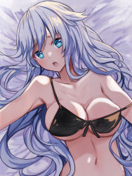 Rule 34 | 1girl, aisu (icicleshot), bare shoulders, black heart (neptunia), blue eyes, breasts, from above, highres, long hair, looking at viewer, lying, medium breasts, navel, neptune (series), on back, on bed, open mouth, power symbol, power symbol-shaped pupils, solo, symbol-shaped pupils, white hair