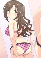 Rule 34 | 1girl, ass, ass grab, back, blurry, blurry foreground, blush, bra, brown eyes, brown hair, closed mouth, commentary, depth of field, frilled bra, frilled panties, frills, from behind, frown, grabbing own ass, idolmaster, idolmaster cinderella girls, long hair, looking at viewer, looking back, mirror, one side up, panties, perapera, pink bra, pink panties, polka dot, polka dot bra, polka dot panties, reflection, shimamura uzuki, solo, standing, underwear, underwear only