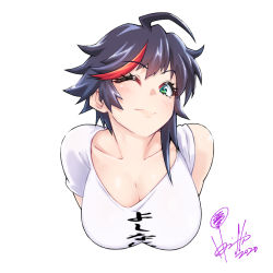 Rule 34 | 1girl, ahoge, black hair, blush, breasts, cleavage, collarbone, commentary, cropped torso, dated, eyelashes, green eyes, highres, hori shin, indie virtual youtuber, leaning forward, lips, looking at viewer, medium breasts, minori yumeko, multicolored hair, one eye closed, open mouth, red hair, shirt, short hair, short sleeves, signature, simple background, sleeves rolled up, smile, solo, streaked hair, t-shirt, virtual youtuber, white background, white shirt