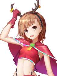 Rule 34 | 1girl, :d, antlers, arm up, armpits, bare arms, bell, black hairband, breasts, brown eyes, brown hair, capelet, fake antlers, female focus, gekota, gloves, hairband, hd-hlh-3h, highres, horns, looking at viewer, midriff, misaka mikoto, navel, open mouth, red capelet, red gloves, reindeer antlers, ribbon, short hair, simple background, skin tight, small breasts, smile, solo, stomach, suspenders, toaru kagaku no railgun, toaru majutsu no index, upper body, white background, yellow ribbon