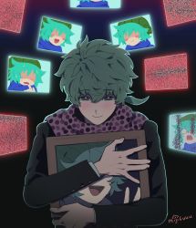 Rule 34 | 1boy, :d, absurdres, ai shin, aqua hair, beanie, black jacket, black suit, blue scarf, blush, blush stickers, buttons, closed mouth, evil smile, formal, glitch, green eyes, green hair, green headwear, hair between eyes, hat, highres, hiyori sou, jacket, kimi ga shine, kubrick stare, layered sleeves, long sleeves, looking at viewer, low ponytail, midori (kimi ga shine), monitor, no eyes, hugging object, open mouth, pink scarf, polka dot, polka dot scarf, scarf, screen, short hair, side ponytail, signature, sinister, smile, spiked hair, suit, suit jacket, supremecatlord, sweat, v, wavy mouth