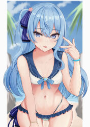 Rule 34 | 1girl, bikini, bikini skirt, blue eyes, blue hair, bracelet, breasts, collarbone, commentary, day, hair ribbon, highres, hololive, hoshimachi suisei, jewelry, looking at viewer, navel, one side up, open mouth, outdoors, ribbon, sailor bikini, sailor collar, shizukami chiro, small breasts, smile, solo, swimsuit, virtual youtuber, w