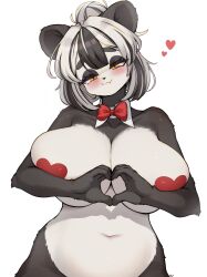 Rule 34 | 1girl, absurdres, animal ears, animal nose, black hair, blush, bow, bowtie, breasts, closed mouth, commentary request, detached collar, fang, furry, furry female, grey hair, heart, heart hands, heart pasties, highres, huge breasts, korean commentary, long hair, looking at viewer, multicolored hair, navel, nude, original, panda ears, panda girl, pasties, red bow, red bowtie, short hair, simple background, skin fang, snout, solo, two-tone hair, white background, whooo-ya, yellow eyes