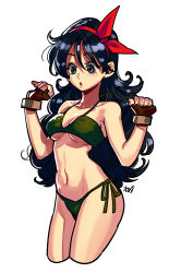 Rule 34 | 1girl, absurdres, artist name, bikini, blue eyes, blue hair, breasts, brown gloves, cowboy shot, cropped legs, curly hair, dragon ball, dragon ball (classic), fingerless gloves, gloves, green bikini, hairband, highres, long hair, lunch (dragon ball), lunch (good) (dragon ball), medium breasts, messy hair, navel, okada (hoooojicha), red hairband, side-tie bikini bottom, simple background, solo, standing, swimsuit, underboob, white background