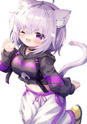 Rule 34 | 1girl, ;d, animal ear fluff, animal ears, black hoodie, blush, breasts, cat ears, cat girl, cat tail, claw pose, commentary request, drawstring, hair between eyes, hand up, highres, hololive, hood, hood down, hoodie, long sleeves, medium breasts, midriff, navel, nekomata okayu, nekomata okayu (1st costume), one eye closed, open mouth, pants, puffy long sleeves, puffy sleeves, purple eyes, purple hair, shoes, simple background, smile, solo, standing, standing on one leg, tail, virtual youtuber, waste (arkaura), white background, white pants, yellow footwear