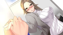 Rule 34 | 1girl, bad anatomy, blush, breasts, brown eyes, brown hair, chestnut mouth, door, dutch angle, glasses, holding hands, highres, indoors, large breasts, long hair, looking at viewer, miracle hoshi, miyoshi maiko, original, pov, ribbed sweater, solo, solo focus, standing, sweater, teacher, white sweater